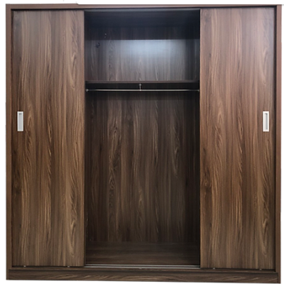 thiết kế bên trong buồng Tá»§ quần áo gá»— MDF23 cánh lùa mầu nâu vân giả gá»— thiết kế 03 buồng, 04 cánh cá»a lùa, 06 há»™c để quần áo gấp, 02 thanh treo quần áo