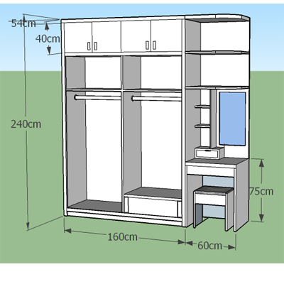 thiết kế 2 D Tủ quần áo gỗ GMDF24 rộng 240 cm cao 240 cm sâu 54 cm, ( 2400x2400x540mm )
