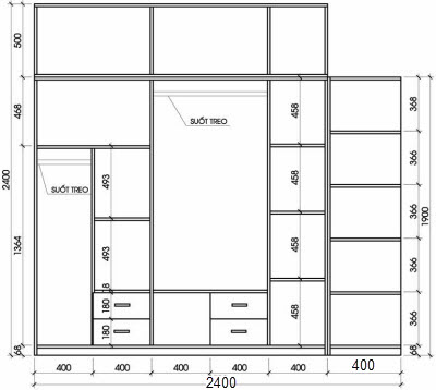 thiết kế 2D Tủ quần áo gỗ ép 2m4 GMDF17 tủ gỗ công nghiệp 2400x2400x600mm thiết kế hộc tủ chứa đồ