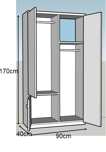 thiết kế 2D Tá»§ quần áo gá»— ép 1m GMFC27 giá rẻ mầu nâu vân giả gá»— thiết kế 02 buồng, 02 cánh cá»a mở bản lá», 02 há»™c để quần áo gấp, 02 thanh treo quần áo, 0 ngăn kéo nhá»