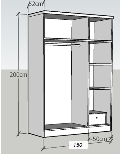 thiết kế Tá»§ quần áo gá»— ép 1m5 GMDF11 gá»— ép MDF kÃch thước 1500x2000x520mm thiết kế hai buồng ba cánh mở bản lá» cùng 5 há»™c để đồ gấp, 1 ngăn kéo