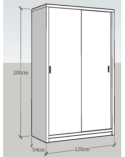 thiết kế 2 D Tủ quần áo gỗ 02 cánh cửa lùa, 02 buồng chứa đồ, 0 ngăn kéo, 02 hộc để đồ gấp, 02 thanh treo quần áo