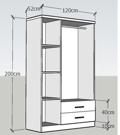 thiết kế chi tiết Tủ quần áo gỗ ép 1m2 GMDF10 tủ gỗ công nghiệp 1200x2000x520mm