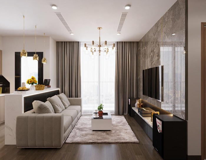 Sigviet thiết kế thi công phòng khách bà n ghế sofa kệ tivi cá»a ban công căn há»™ chung cư 3 phòng ngá»§ dá»± án chung cư vinhome symphony sà i đồng