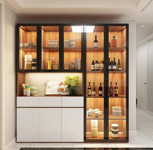 Tá»§ rượu gá»— MDF cánh khung nhôm kết hợp kÃnh trang trà đèn led