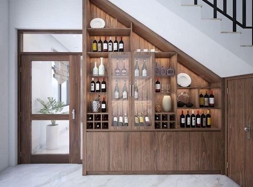 Tủ rượu trang trí gầm cầu thang gỗ công nghiệp MDF mầu nâu