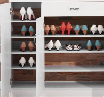 hình ảnh thực tế bên trong tủ đựng giầy gỗ ép MDF công nghiệp 1m4 bốn cánh