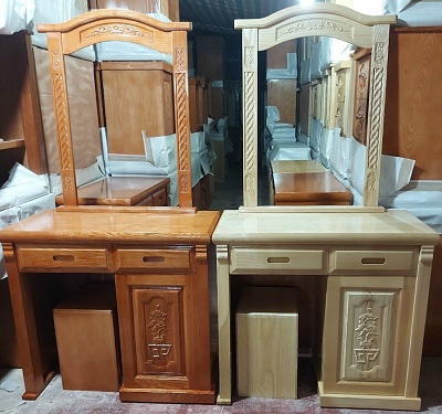 Bà n phấn trang Ä‘iểm gá»— sồi 80cm hai ngăn kéo chạm hoa văn kÃnh bầu dục giá rẻ