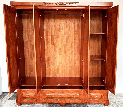 thiết kế bên trong Tủ quần áo gỗ hương đá rộng 1m8 cao 2m1 sâu 0.60m thiết kế 4 cánh, 3 ngăn kéo ba buồng