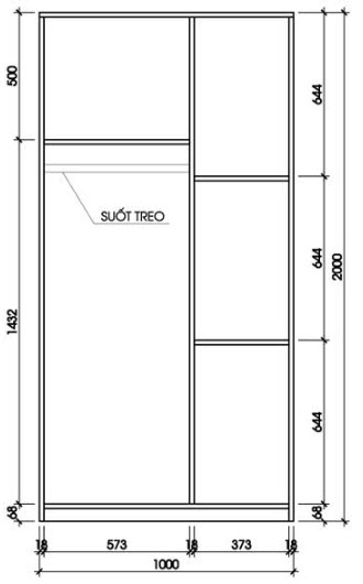 bản vẽ bên trong Tủ quần áo gỗ ép công nghiệp rộng 1m giá rẻ