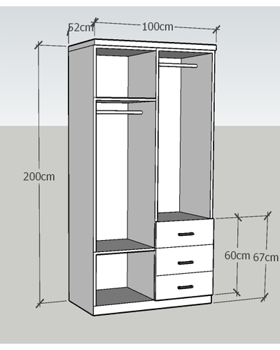bản vẽ thiết kế Tủ quần áo gỗ ép công nghiệp vân sồi 1m rộng 2m sâu 50 ba ngăn kéo