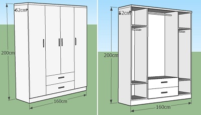 thiết kế chi tiết Tủ quần áo gỗ ép kích thước rộng 160cm Cao 200cm sâu 52cm cao cấp mầu vân xoan đào