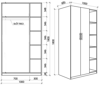thiết kế chi tiết Tá»§ quần áo gá»— công nghiệp MDF rá»™ng 100cm liá»n kệ mầu trắng giá rẻ