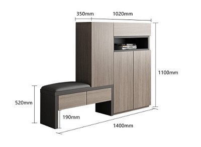 Thiết kế chi tiết tủ giầy kết hợp ghế ngồi mà u nâu gỗ mdf phủ melamin Rộng 1m4 cao 1m1 sâu 35cm