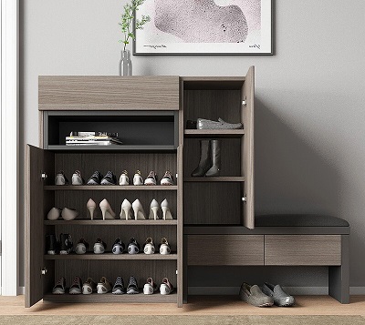 hình ảnh thực tế bên trongtủ giầy kết hợp ghế ngồi mà u nâu gỗ mdf phủ melamin Rộng 1m4 cao 1m1 sâu 35cm
