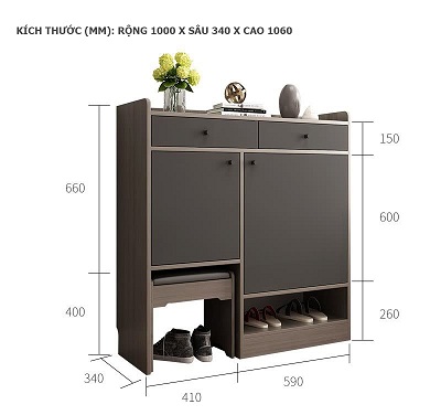 thiết kế chi tiết Tủ già y kết hợp ghế ngồi rộng 1m khung nâu cánh xám