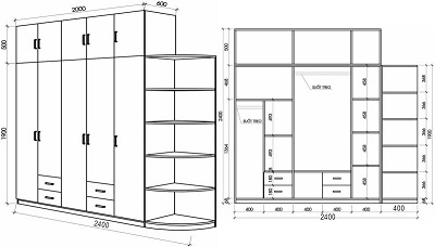 thiết kế Mẫu tủ quần áo kết hợp kệ trang trí 2m4x2m5x60cm hiện đại