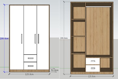 thiết kế chi tiết Tủ quần áo gỗ ép 1m2 mầu trắng thiết kế 3 cánh