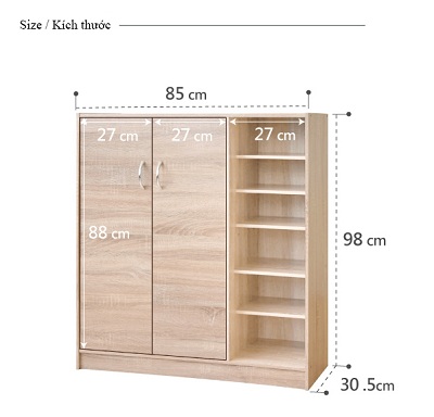 KÃch thước Tá»§ đựng già y mầu và ng xoan gá»— công nghiệp rá»™ng 85cm