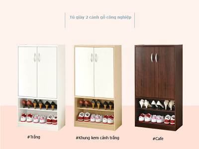 Tủ giày giá rẻ 2 cánh rộng 60cm đủ ba mầu nâu, trắng kem, khung kem cánh trắng