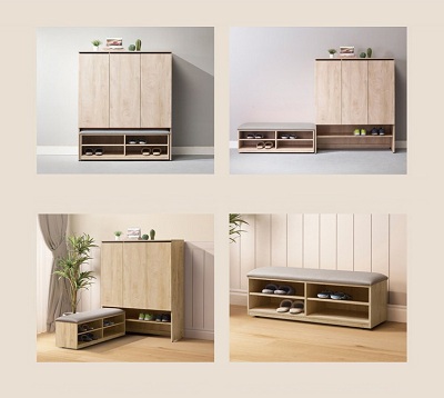 cách trưng bày Tủ giày gỗ công nghiệp đa năng 3 cánh rộng 120cm màu vàng vân gỗ