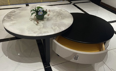 Bàn phòng khách hình tròn có ngăn kéo PA47 Bàn lớn đường kính 80cm* cao 45. Bàn nhỏ đường kính 69 cm, cao 38 cm.