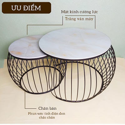Bà n phòng khách mặt kÃnh cưá»ng lá»±c trắng vân mây ÄÆ°á»ng kÃnh 450 Cao 400 (mm)