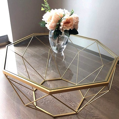 Bàn trà kim cương khung vàng kính trong suốt hiện đại