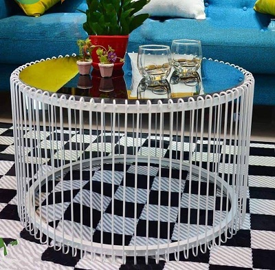 Bàn sofa phòng khách khung sắt sơn tĩnh điện màu trắng kính xanh đen