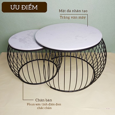 Bàn đôi tròn mặt đá đen trắng vân mây PA49 Mặt đá nhân tạo đen - trắng vân mây Chân bàn phun sơn tĩnh điện màu đen