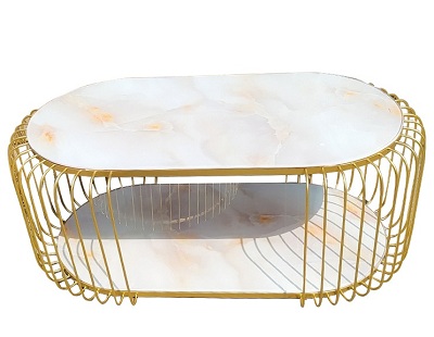 Bàn trà mặt kính trắng vân mây hình bầu oval sang trọng