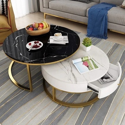 Bà n trà mặt đá ceramic đen kết hợp trắng D70 - D50 cao 40 - 45 cm