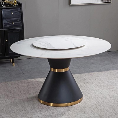 Bà n ăn thông minh xoay tròn mặt đá ceramic, chân sắt sÆ¡n tÄ©nh Ä‘iện trắng viá»n bá»c inox mạ và ng PA22