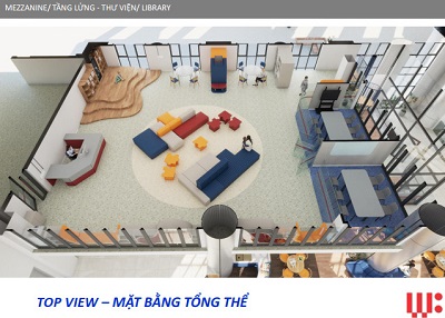thiết kế nội thất khu thư viện tầng lửng trưởng Phòng làm việc chung trường quốc tế thăng long