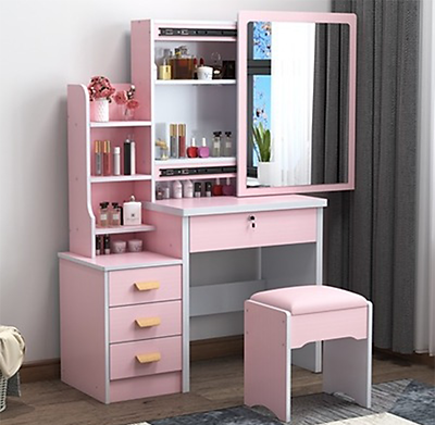 Bàn phấn đa tầng 80cm màu hồng dáng đẹp gương trượt sang bên cạnh