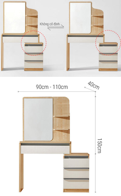 Kích thước bàn phấn không cố định và thiết kế