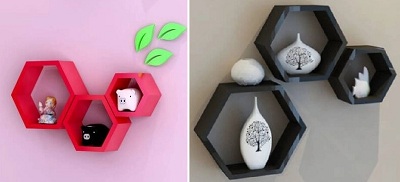 Bá»™ 3 kệ gá»— gắn tưá»ng hình lục giác mà u đỠ- Ä‘en 25 x 25 x 12 cm