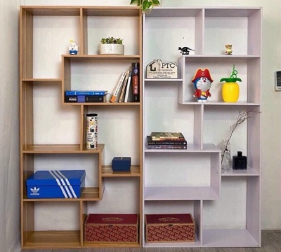 Kệ sách chữ u thông minh nhiều tầng mầu trắng và vân sồi