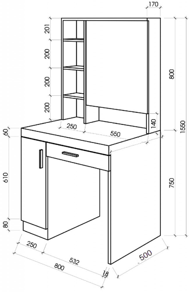 Bà n phấn được sản xuất từ ván gá»— công nghiệp MDF phá»§ Melamine bá» mặt chống xước chống ẩm. KÃch thước: Rá»™ng 80 x Sâu 50 x Cao 160(cm)