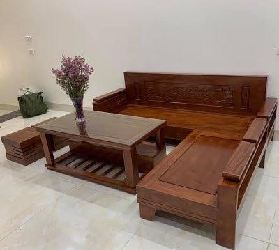 Sofa gỗ sồi đẹp đơn giản Văng 200 x 180cm, Bàn 100 x 110cm, 2 Đôn 40 x 40cm