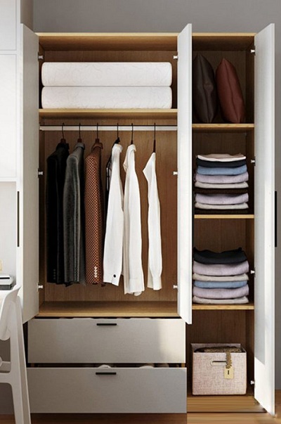 không gian để đồ Tá»§ quần áo 1m2 ba cánh cá»a mở trắng