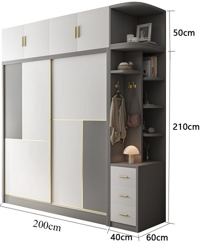 Thiết kế tủ quần áo gia đình gồm kệ góc, tủ đỉnh, tủ chính
