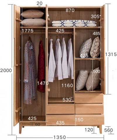 Thiết kế tủ quần áo gỗ sồi chân cao ba cánh mở