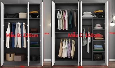 Tủ quần áo 1m2, 1m6 thiết kế mà u trắng kết hợp mà u xám