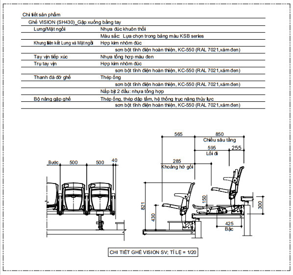 Bản vẽ chi tiết ghế hội trường kotobuki Sea pro vision