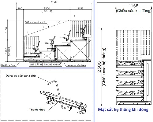 Mặt cắt ghế hội trường Kotobuki Sea RSP FPO Vision khi mở, khi đóng