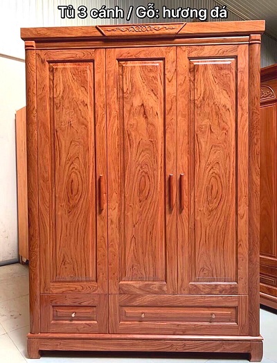 Tủ quần áo gỗ hương đá 3 cánh phẳng