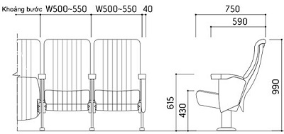 Bản vẽ kÃch thước chi tiết Bản vẽ thiết kế Ghế nhà hát há»™i trưá»ng kotobuki sea TSA-502544H GHT43