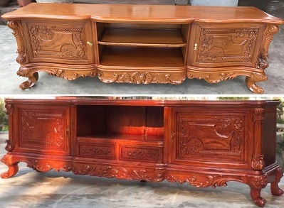 Kệ tivi tân cổ điển gỗ gõ đỏ louis cánh cong 2m4
