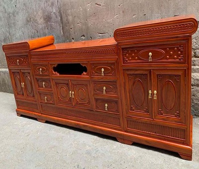 Kệ tivi mõ lõm gỗ hương đá 2m4 KTV133 tùng trúc cúc mai đẹp mắt rộng 2m4